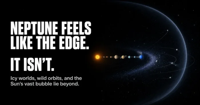 Image of the outer solar system with the text: Neptune feels like the edge, it is not.