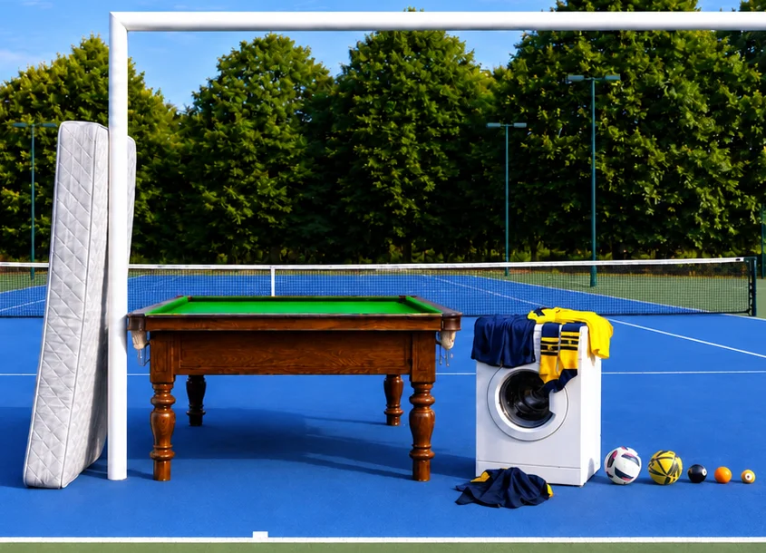A tennis court containing a football goal, an upright mattress, a snooker table, a washing machine and a row of different-sized balls.