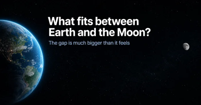 image of earth and moon with the text: What fits between Earth and the Moon? The gap is much bigger than it feels