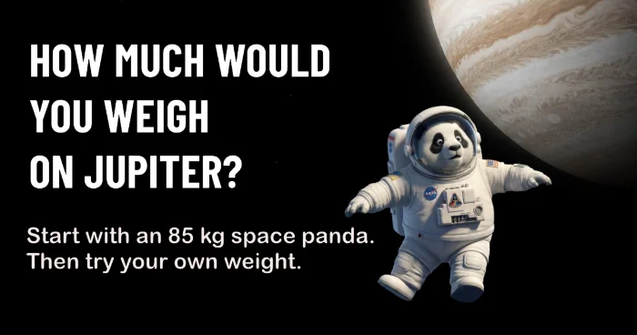 A panda in a spacesuit floating in space, Jupiter in the background, with the text: Gravity,How much would you weigh on Jupiter?
